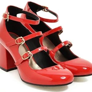 Mary Jane Chunky Heels with Ankle Strap for Women Fashion Patent Leather red